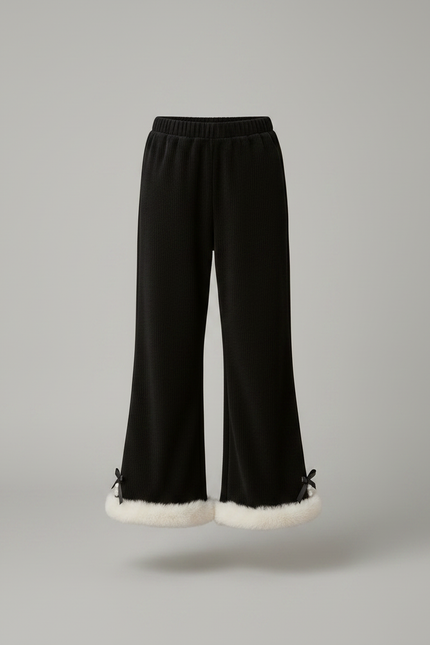 Pantalon Velours Noir Côtelé Évasé Fourrure Fille Hiver - Cordé - vue 3