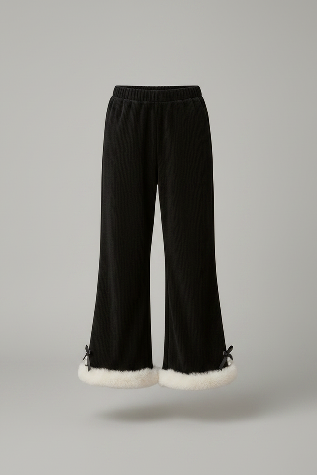 Pantalon Velours Noir Côtelé Évasé Fourrure Fille Hiver - Cordé - vue 3