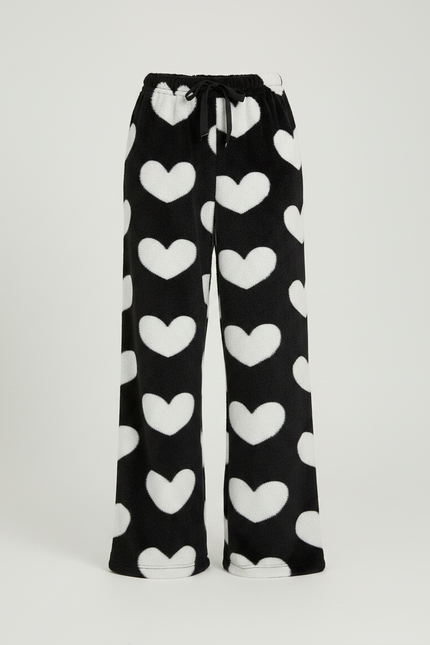 Pantalon Velours Noir Cœurs Blancs Ample Doux Femme - Imprimé - vue 3