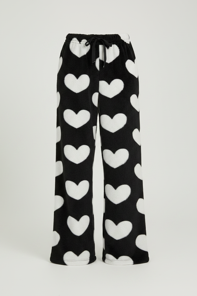 Pantalon Velours Noir Cœurs Blancs Ample Doux Femme - Imprimé - vue 3
