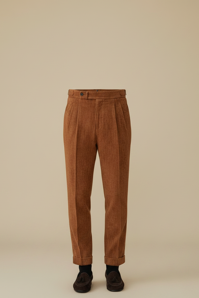 Pantalon Velours Côtelé Marron Plissé Homme Élégant - Cordé - vue 3
