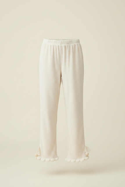 Pantalon Velours Écru Ample Pompons Fille - Beige - vue 3