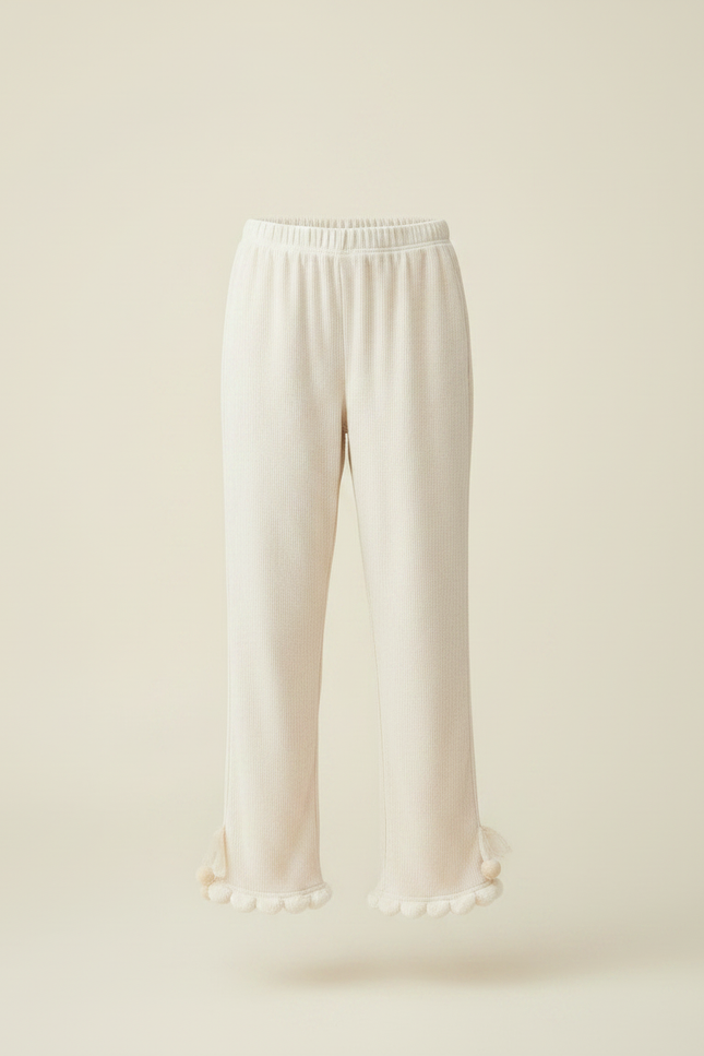 Pantalon Velours Écru Ample Pompons Fille - Beige - vue 3