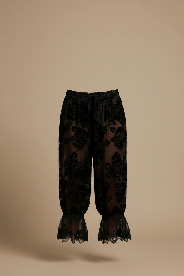 Pantalon Velours Noir Floral Transparent Dentelle Évasé - vue 3