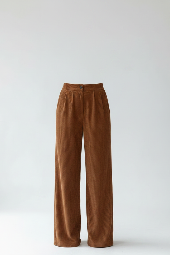 Pantalon Velours Côtelé Marron Ample Taille Haute - Cordé - vue 3