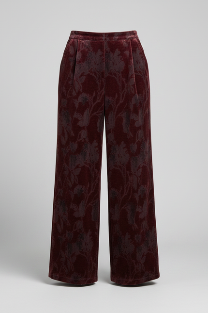 Pantalon Velours Bordeaux Floral Ample Élégant Femme - vue 3