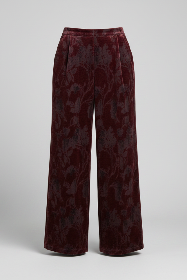 Pantalon Velours Bordeaux Floral Ample Élégant Femme - vue 3