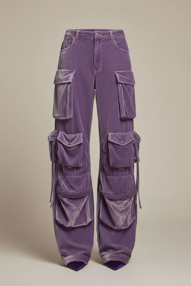 Pantalon Velours Cargo Violet Multi-poches Large Femme - vue 3