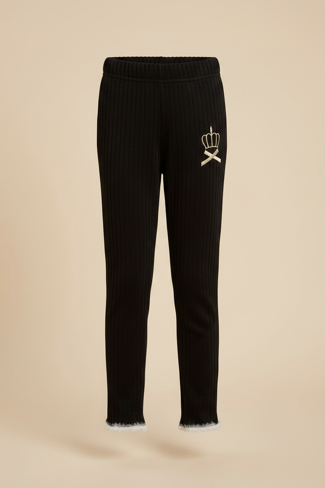Pantalon Velours Noir Côtelé Brodé Couronne Fille - vue 3