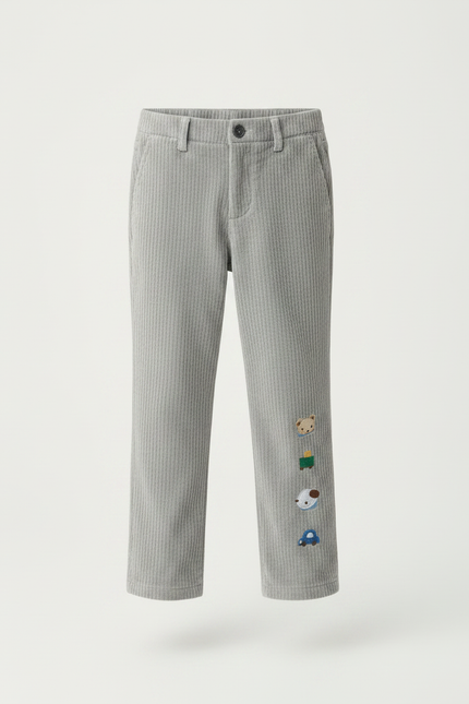 Pantalon Velours Côtelé Gris Brodé Enfant Décontracté - Cordé - vue 3
