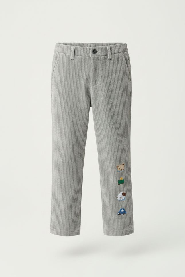 Pantalon Velours Côtelé Gris Brodé Enfant Décontracté - Cordé - vue 3