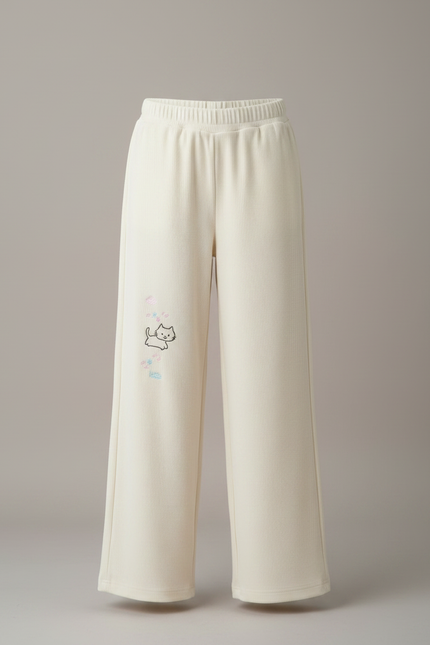 Pantalon Velours Crème Côtelé Ample Brodé Chat - Beige Cordé - vue 3