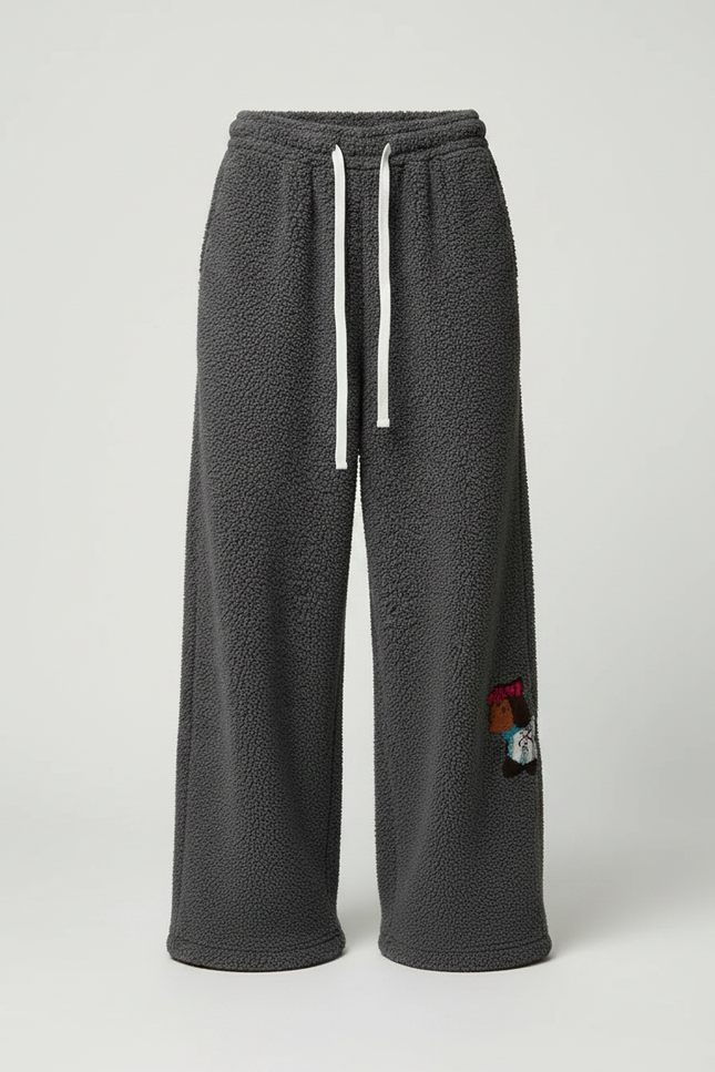 Pantalon Velours Gris Ample Brodé Décontracté Femme - Molleton - vue 3