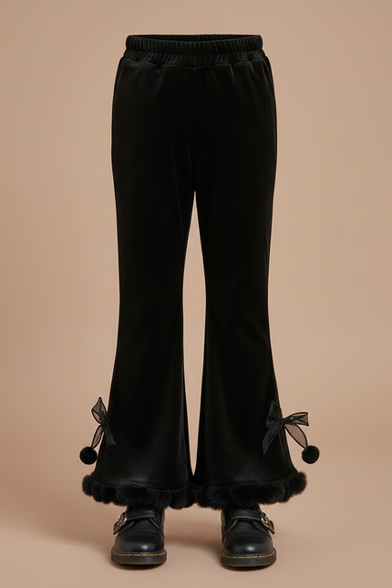 Pantalon Velours Noir Évasé Pompons Fille - vue 3