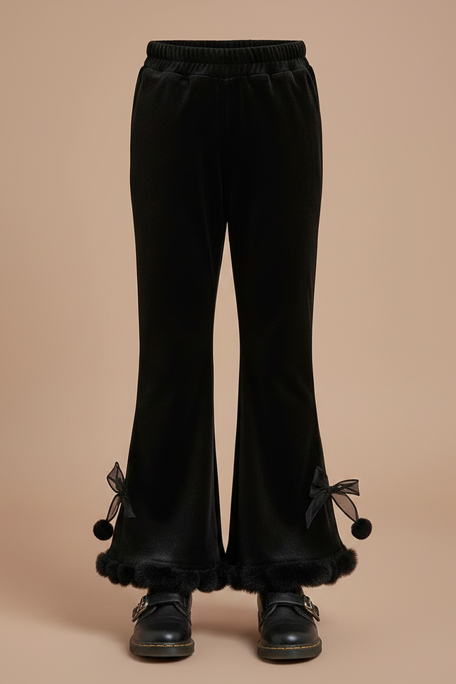Pantalon Velours Noir Évasé Pompons Fille - vue 3