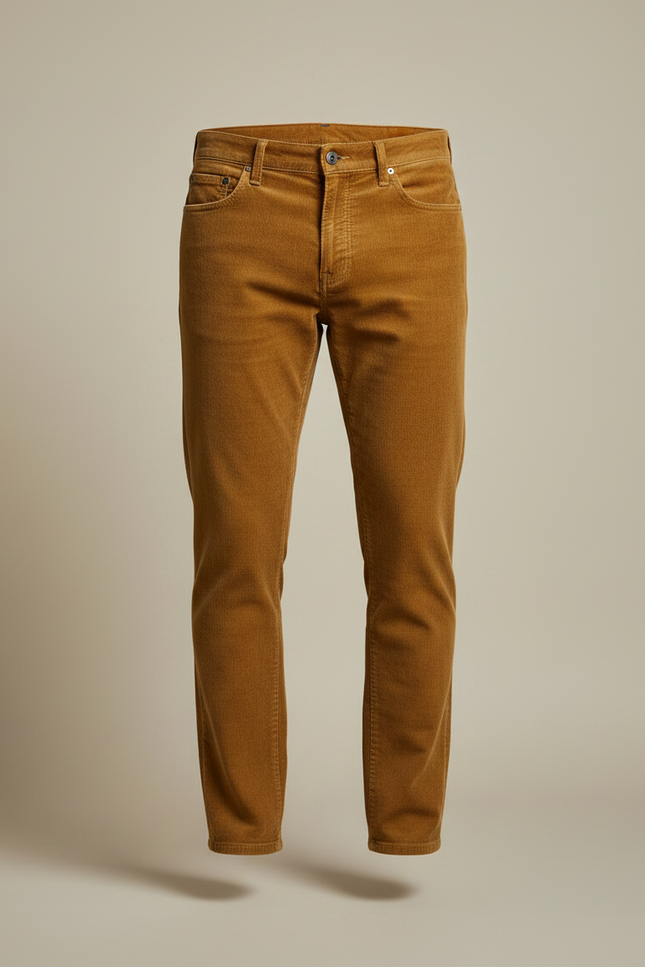 Pantalon Velours Côtelé Homme Droit Marron Élégant - Camel Cordé - vue 3