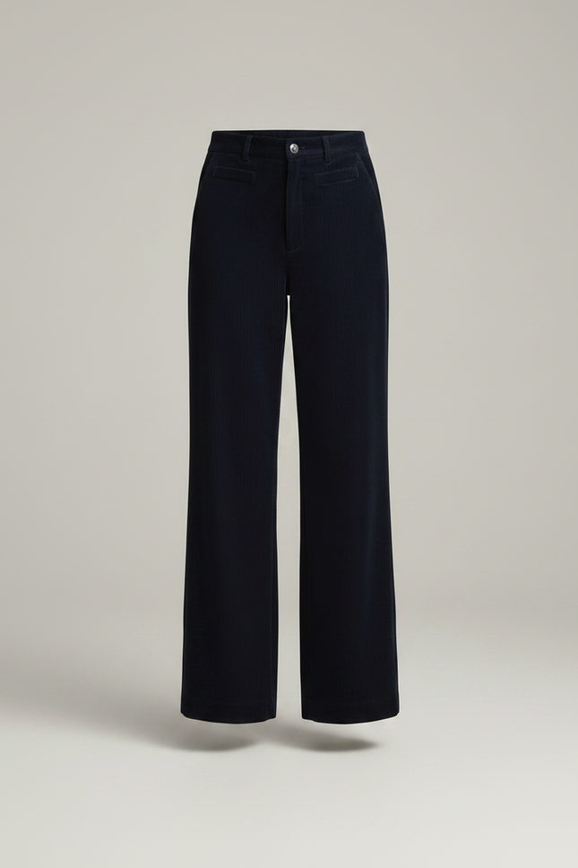 Pantalon Velours Côtelé Bleu Marine Large Taille Haute - Cordé - vue 3