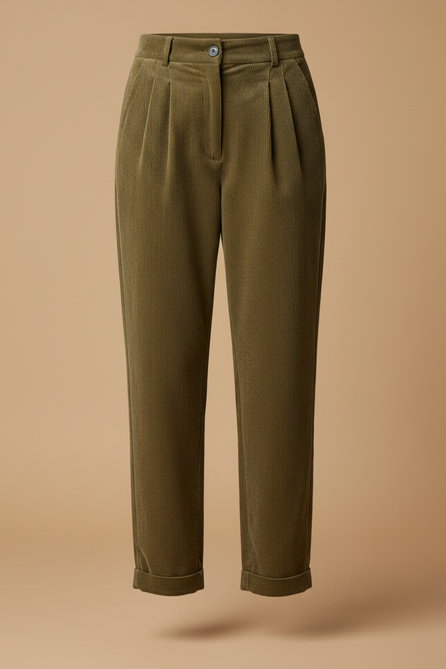 Pantalon Velours Vert Côtelé Droit Décontracté Femme - Kaki Cordé - vue 3
