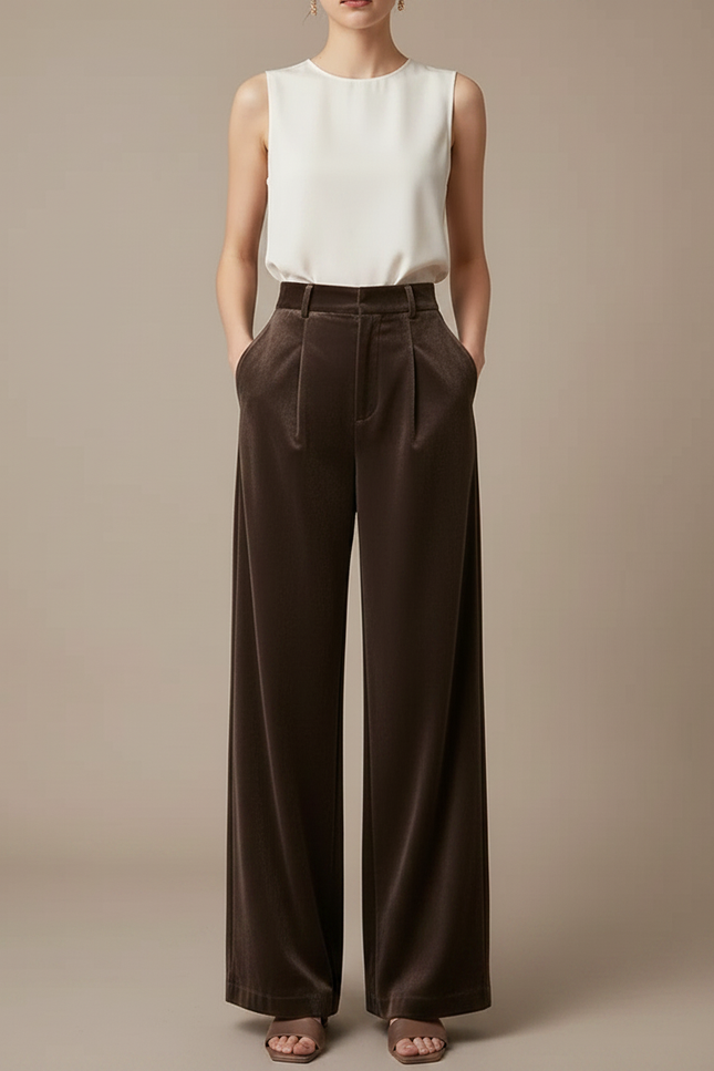 Pantalon Velours Marron Ample Taille Haute Élégant - vue 3