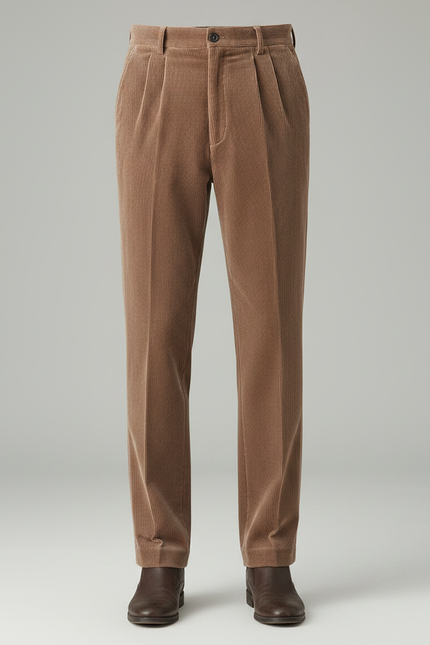 Pantalon Velours Marron Côtelé Plissé Droit Homme - Cordé - vue 3