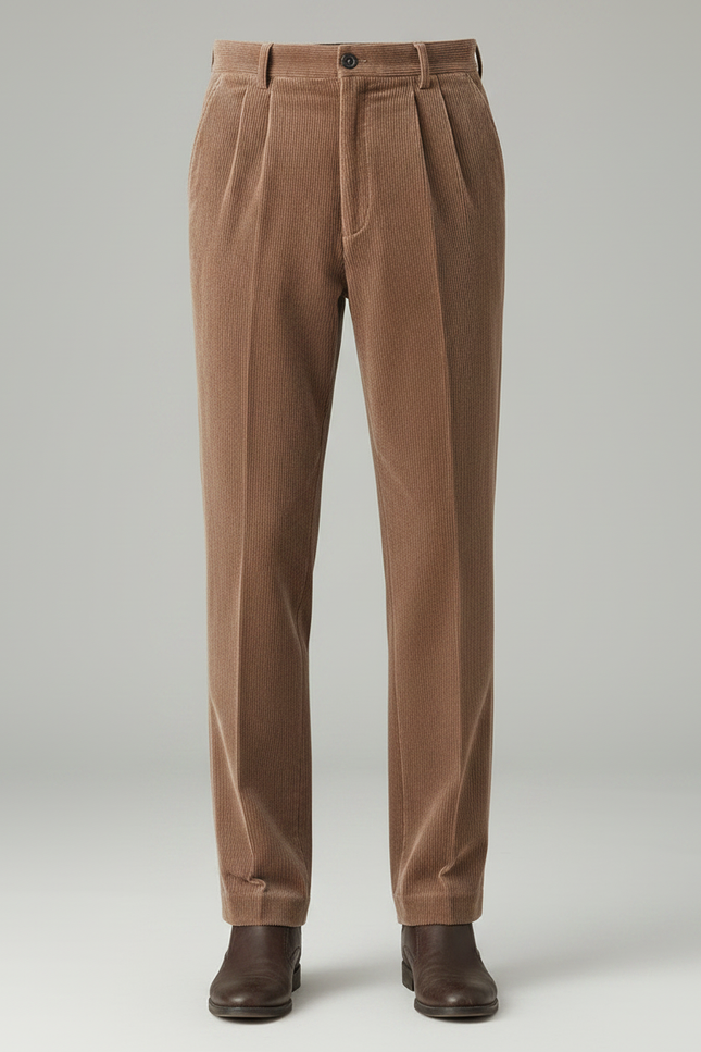 Pantalon Velours Marron Côtelé Plissé Droit Homme - Cordé - vue 3