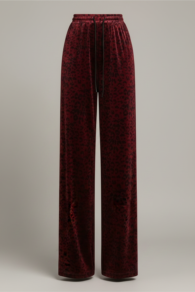 Pantalon Velours Léopard Rouge Ample Taille Haute Femme - Bordeaux - vue 3