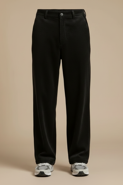 Pantalon Velours Côtelé Noir Droit Ample Homme - Cordé - vue 3