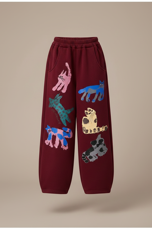 Pantalon Velours Bordeaux Large Motifs Chats Amusants - Molleton - vue 3