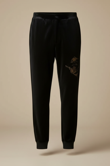 Pantalon Velours Noir Imprimé Dragon Homme Décontracté - vue 3