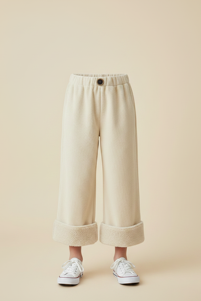 Pantalon Velours Écru Ample Côtelé Doublé Fille - Beige - vue 3