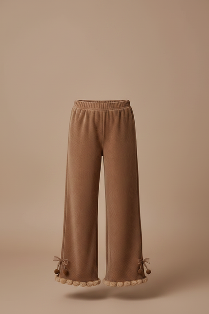 Pantalon Velours Marron Évasé Pompons Fille - vue 3