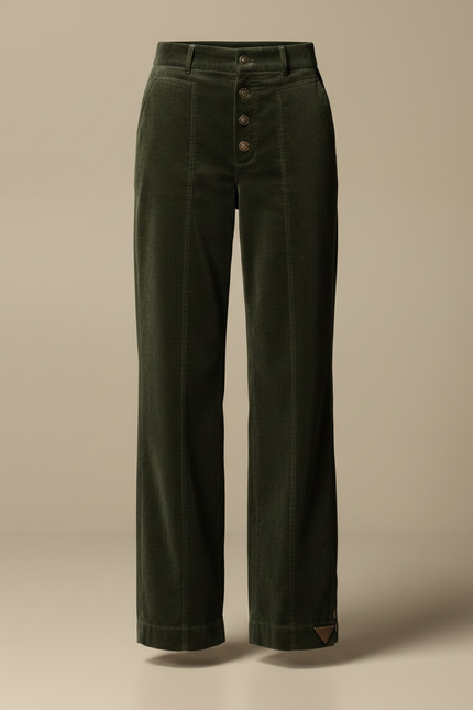 Pantalon Velours Côtelé Vert Taille Haute Boutons - Cordé - vue 3