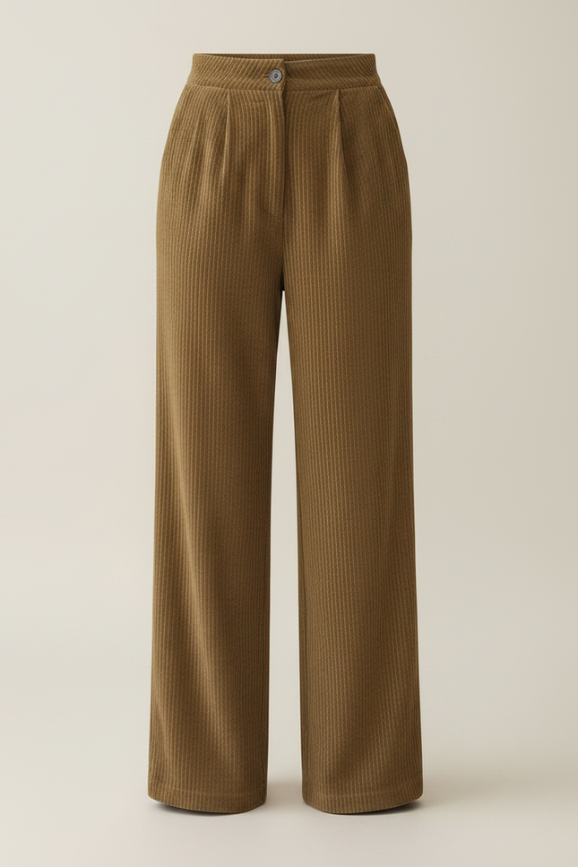 Pantalon Velours Côtelé Marron Ample Décontracté Taille Haute - Cordé - vue 3
