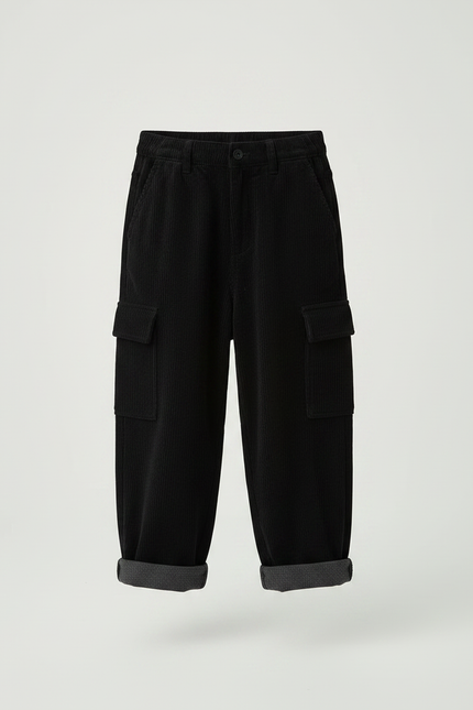 Pantalon Velours Côtelé Noir Ample Enfant Épais - vue 3