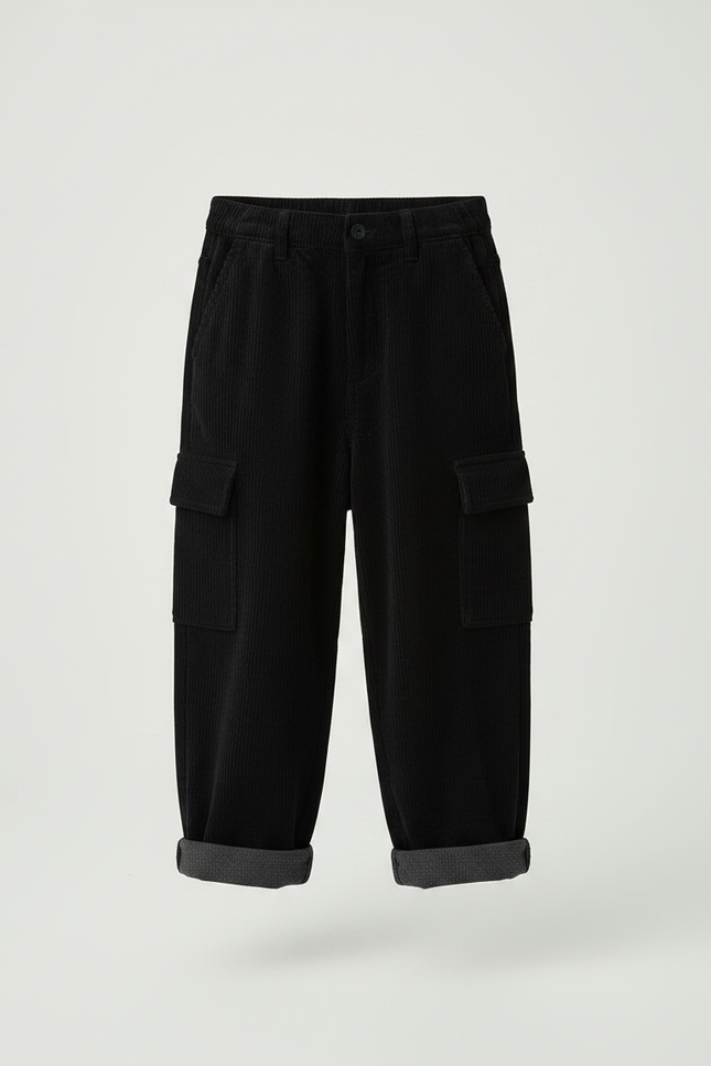 Pantalon Velours Côtelé Noir Ample Enfant Épais - vue 3