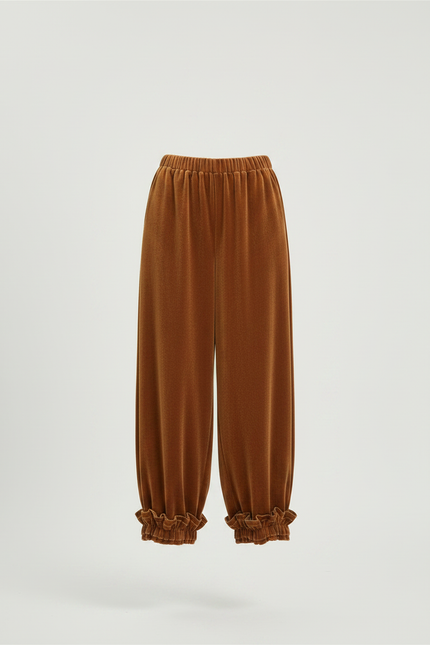 Pantalon Velours Marron Ample Fluide Volants Femme - Camel - vue 3