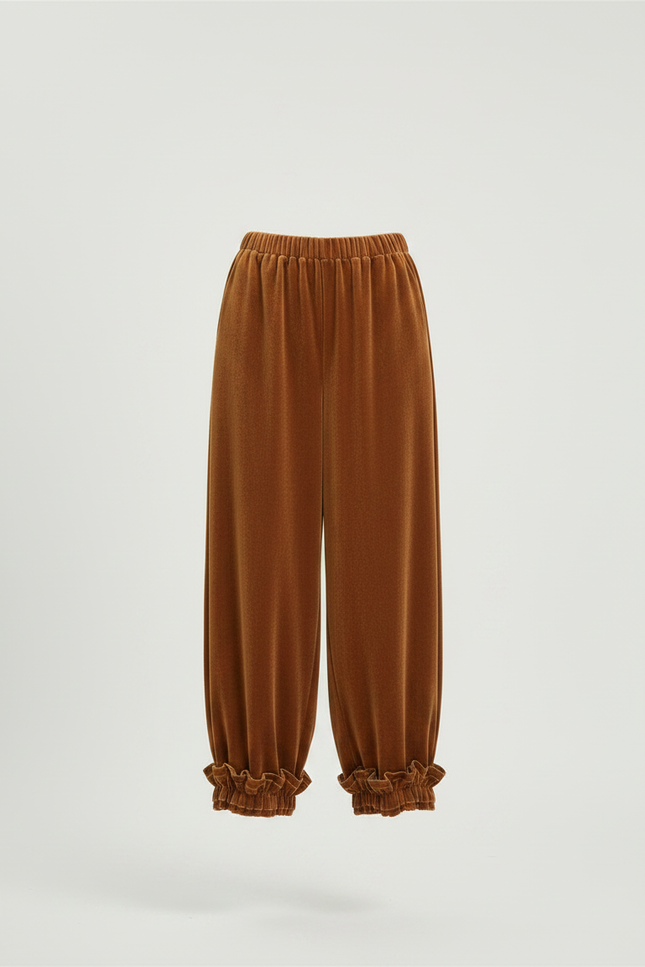 Pantalon Velours Marron Ample Fluide Volants Femme - Camel - vue 3