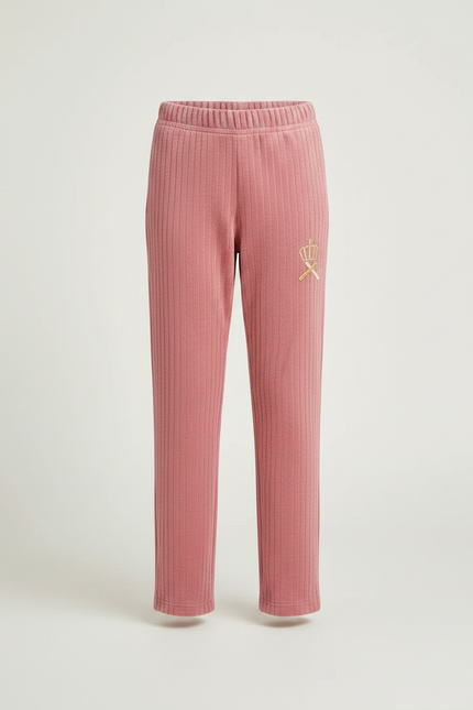 Pantalon Velours Rose Côtelé Brodé Couronne Fille - Cordé - vue 3