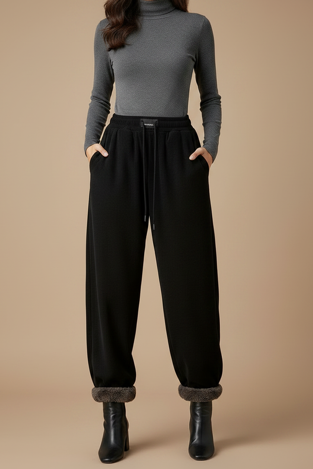 Pantalon Velours Noir Ample Côtelé Doublé Chaud - Cordé - vue 3