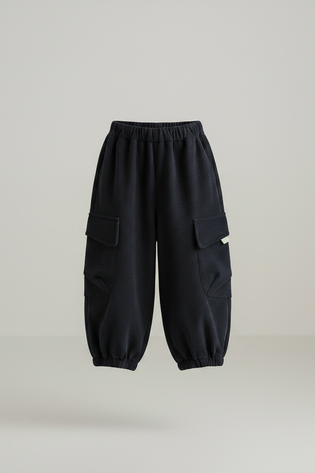 Pantalon Velours Enfant Noir Ample Cargo Hiver - Cordé - vue 3