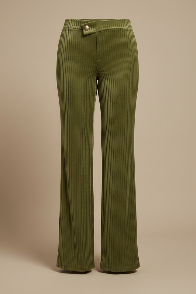 Pantalon Velours Côtelé Vert Taille Haute Évasé - Cordé - vue 3