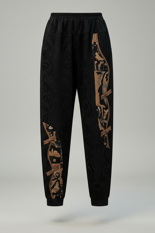 Pantalon Velours Noir Ample Motif Ethnique Confortable - vue 3