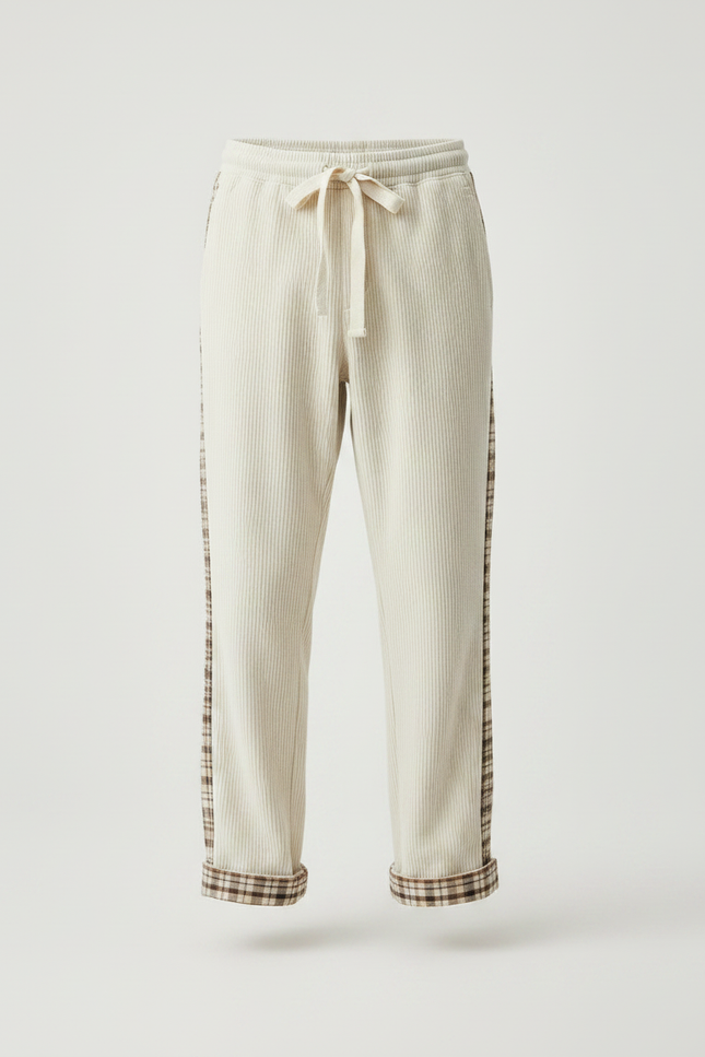 Pantalon Velours Côtelé Écru Plaid Décontracté Homme - Beige Cordé - vue 3