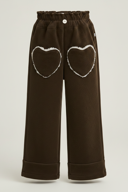 Pantalon Velours Marron Côtelé Cœurs Ample Fille - Cordé - vue 3