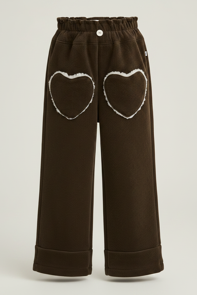 Pantalon Velours Marron Côtelé Cœurs Ample Fille - Cordé - vue 3