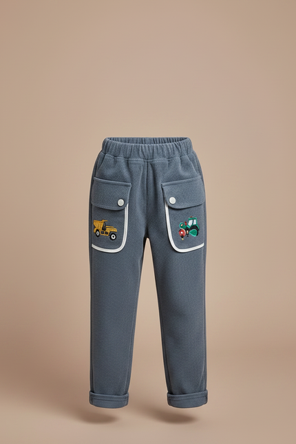 Pantalon Velours Côtelé Bleu Brodé Enfants Décontracté - Cordé - vue 3