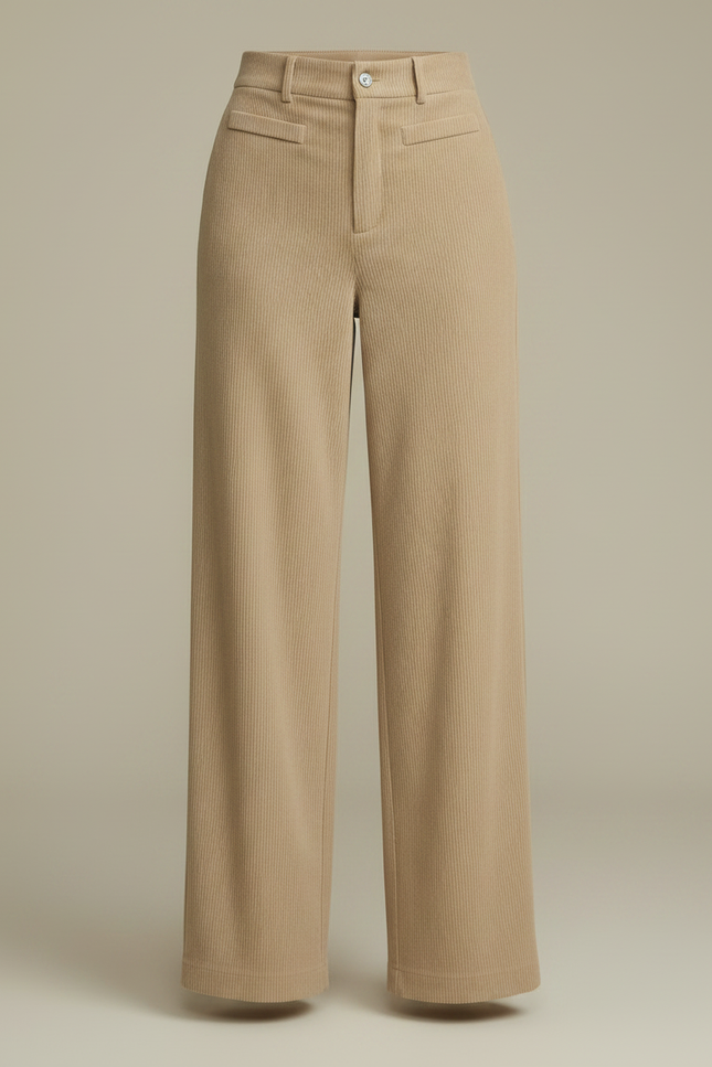 Pantalon Velours Beige Côtelé Large Taille Haute Élégant - Cordé - vue 3
