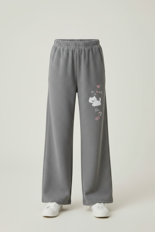 Pantalon Velours Gris Côtelé Ample Brodé Chat Enfant - Cordé - vue 3