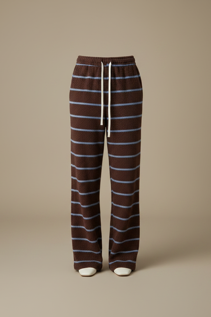 Pantalon Velours Marron Rayé Bleu Ample Doux - vue 3