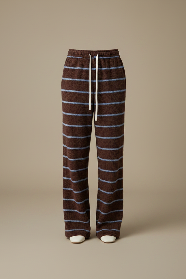 Pantalon Velours Marron Rayé Bleu Ample Doux - vue 3